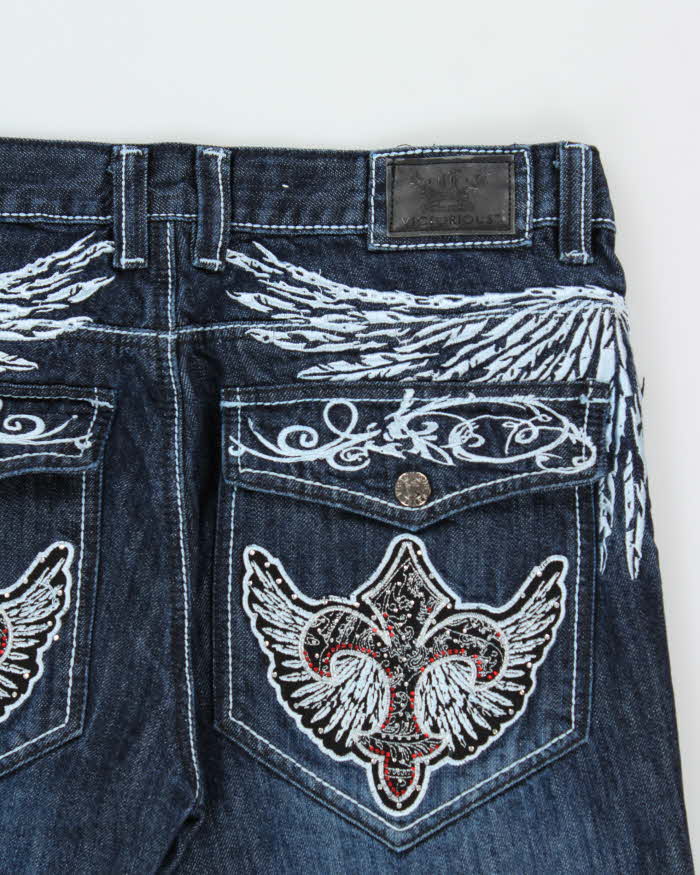 Vintage Y2K 00s Victorious Low Rise Embroidered Contrast Stitch Embellished Raw Denim Flap Pocket Straight Leg Jeans - W36 L32