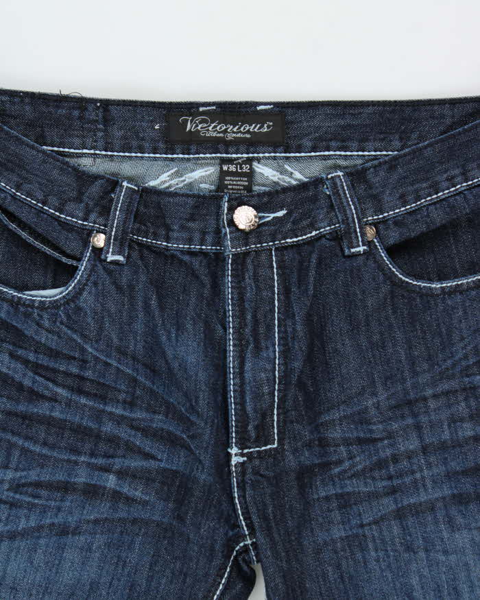 Vintage Y2K 00s Victorious Low Rise Embroidered Contrast Stitch Embellished Raw Denim Flap Pocket Straight Leg Jeans - W36 L32