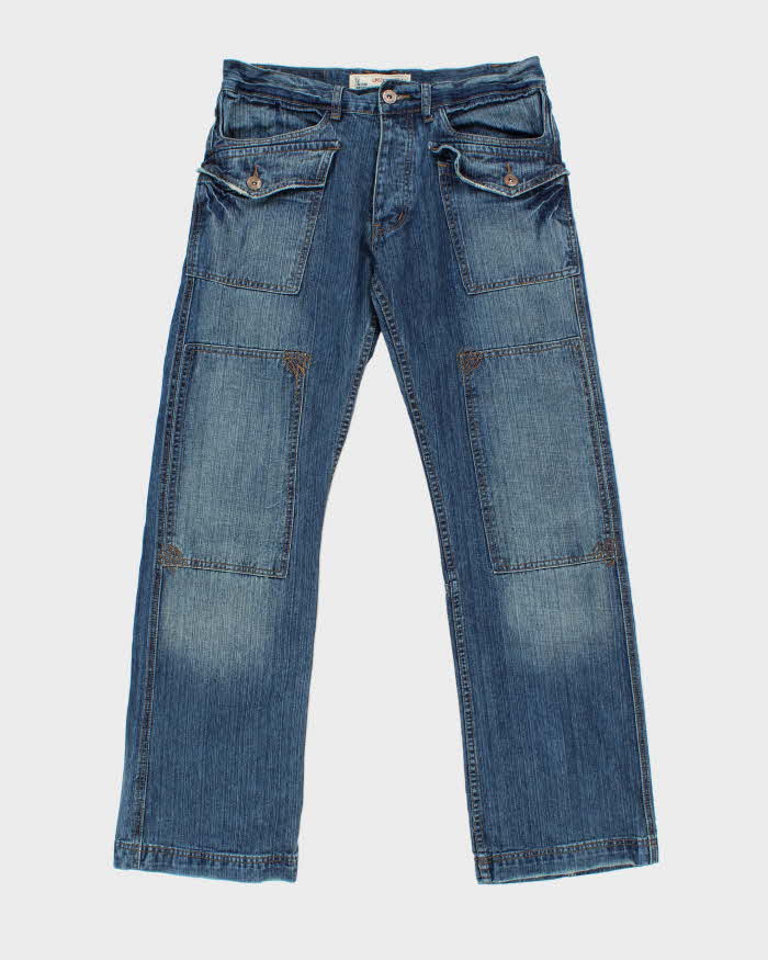 DSWT Vintage Y2K 00s Limestone Washed Raw Denim Low-Rise Flap Patch Pocket Relaxed Straight Leg Bootcut Jeans - W34 L34