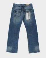 DSWT Vintage Y2K 00s Limestone Washed Raw Denim Low-Rise Flap Patch Pocket Relaxed Straight Leg Bootcut Jeans - W34 L34