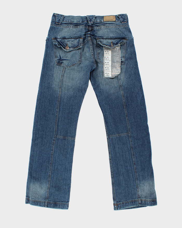 DSWT Vintage Y2K 00s Limestone Washed Raw Denim Low-Rise Flap Patch Pocket Relaxed Straight Leg Bootcut Jeans - W34 L34