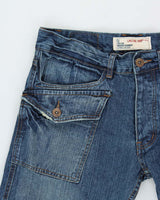 DSWT Vintage Y2K 00s Limestone Washed Raw Denim Low-Rise Flap Patch Pocket Relaxed Straight Leg Bootcut Jeans - W34 L34