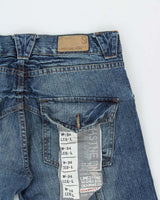 DSWT Vintage Y2K 00s Limestone Washed Raw Denim Low-Rise Flap Patch Pocket Relaxed Straight Leg Bootcut Jeans - W34 L34