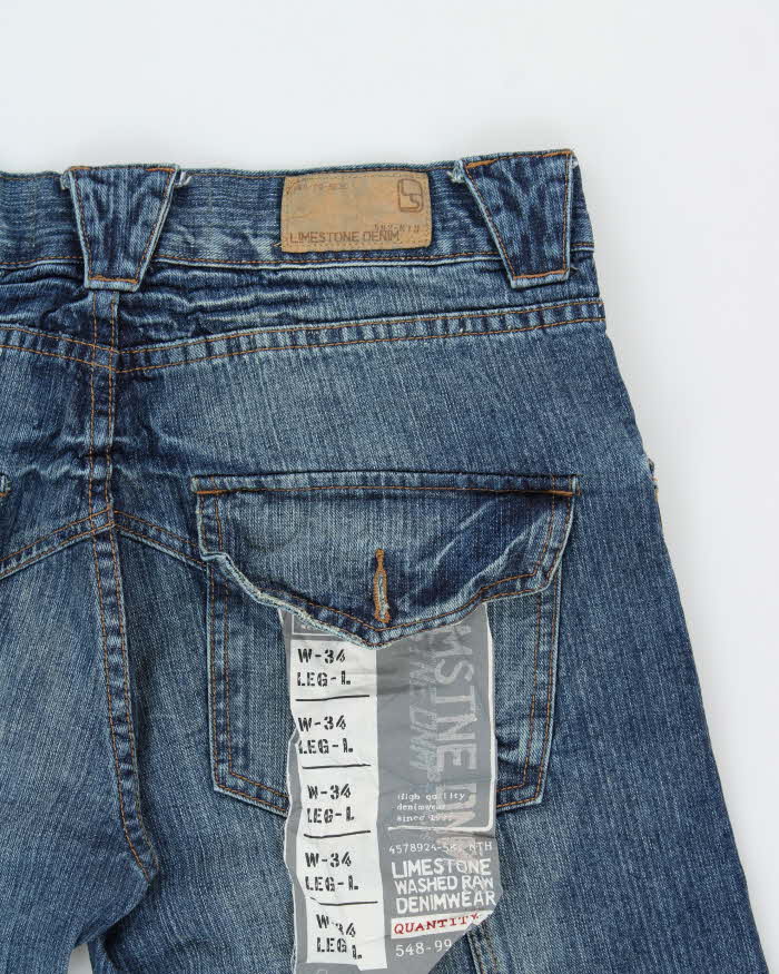 DSWT Vintage Y2K 00s Limestone Washed Raw Denim Low-Rise Flap Patch Pocket Relaxed Straight Leg Bootcut Jeans - W34 L34
