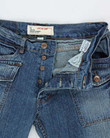 DSWT Vintage Y2K 00s Limestone Washed Raw Denim Low-Rise Flap Patch Pocket Relaxed Straight Leg Bootcut Jeans - W34 L34