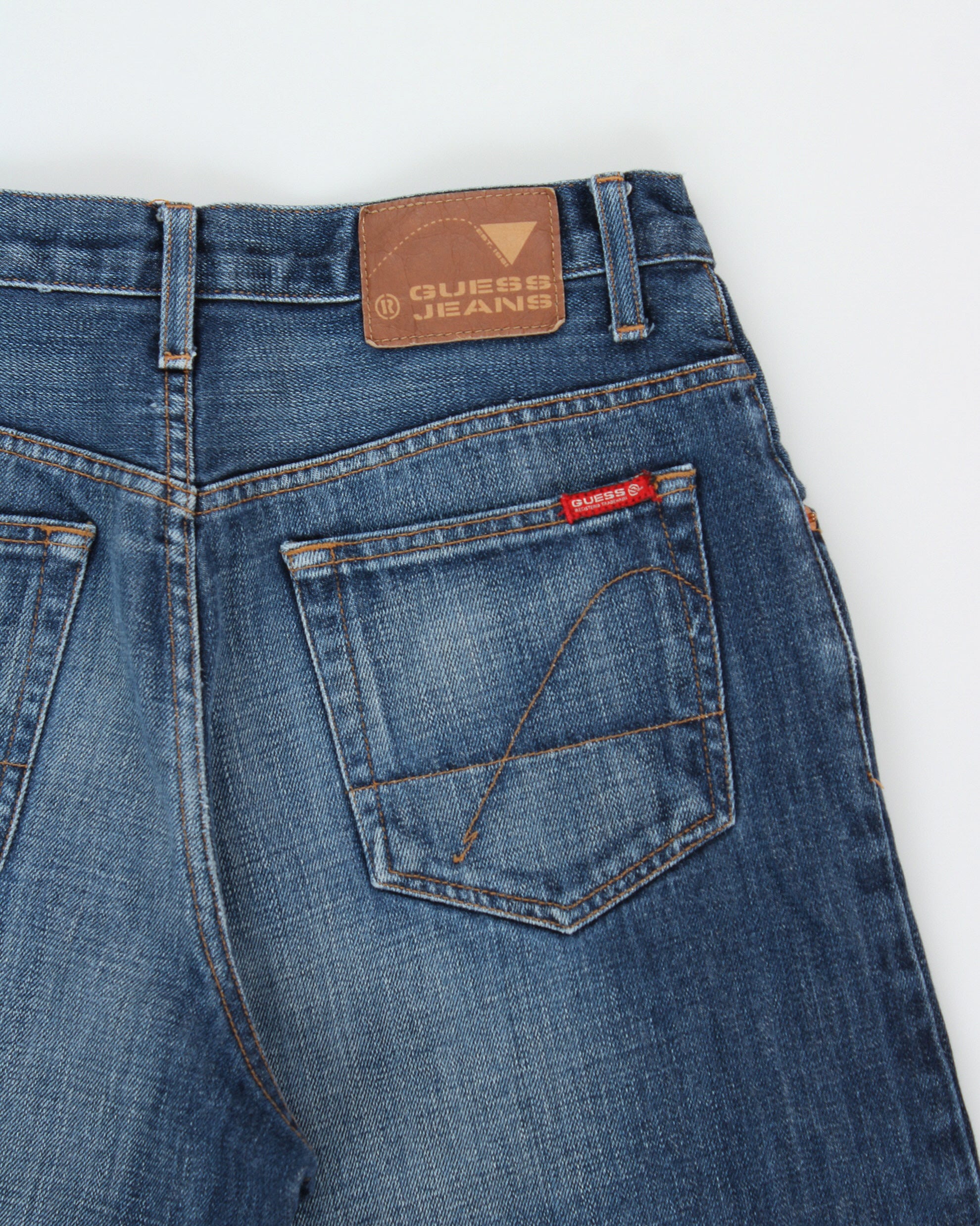 Vintage Y2K 00s Guess Premium Mid-Rise Distressed Indigo Wash Wide Leg Denim Jeans - W30 L30