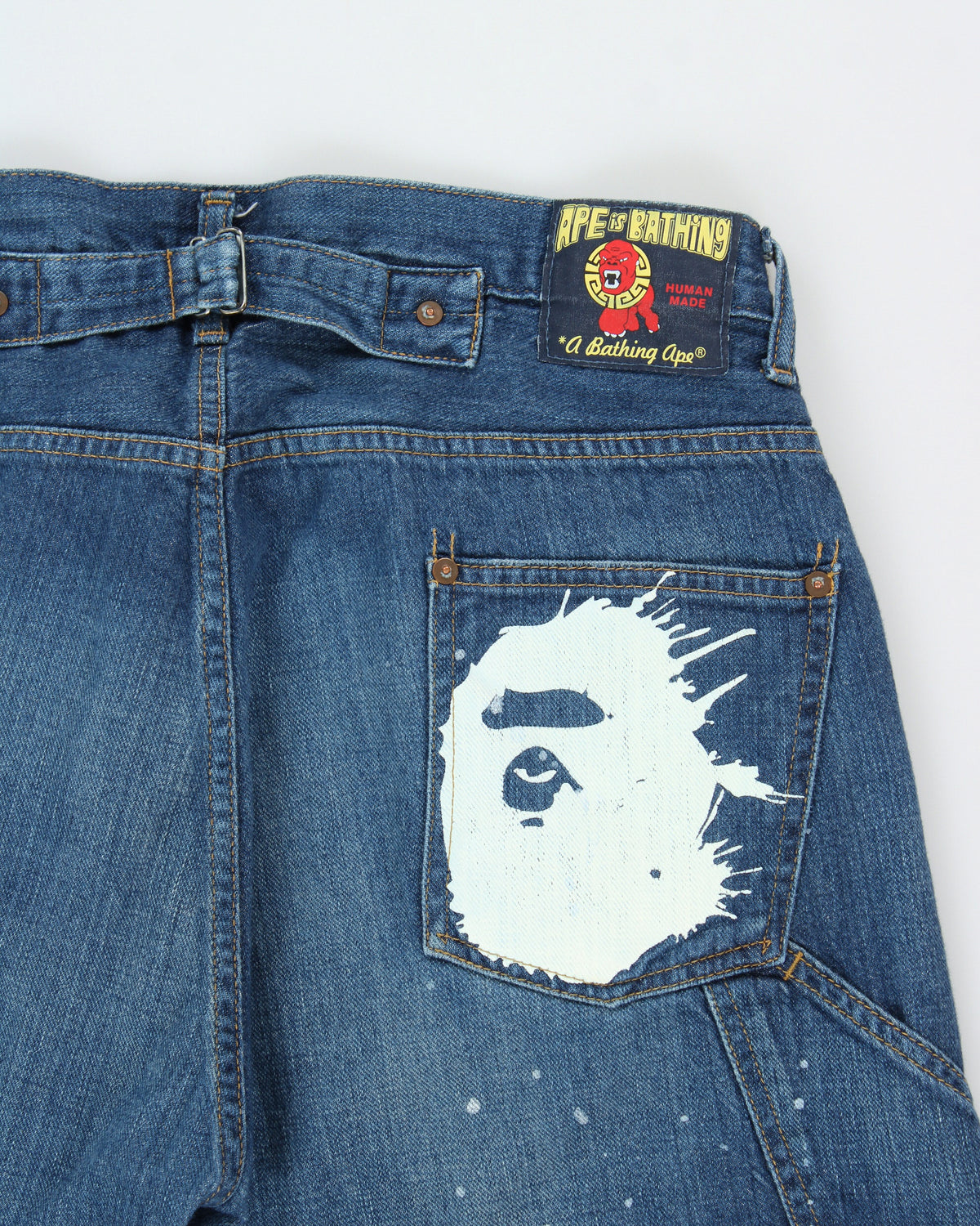Vintage A Bathing Ape 'Ape Is Bathing' Mid-Rise Paint Splatter Straight Leg Buckle-Back Carpenter Jeans - W33 L32