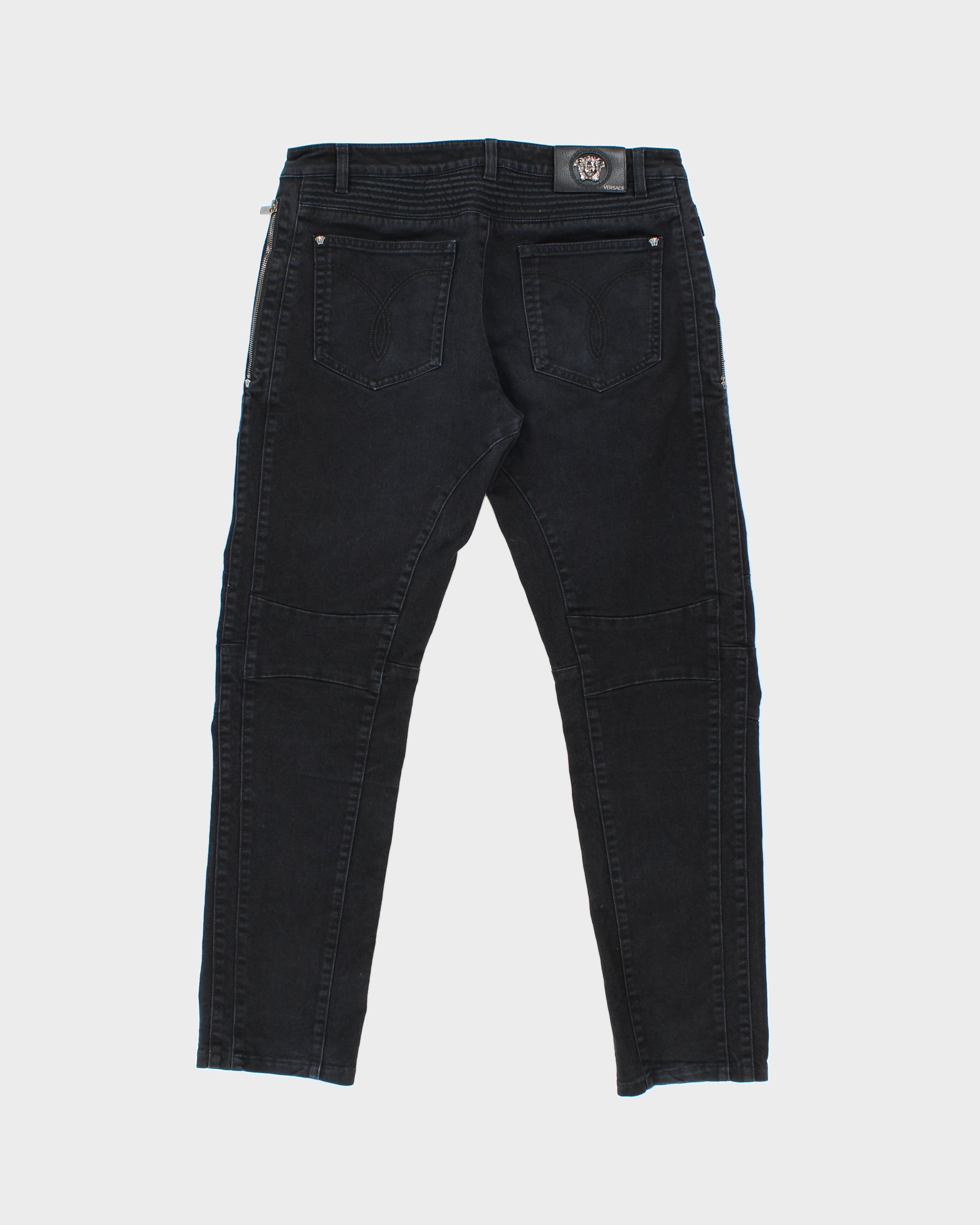 AW2016 Versace Black Low-Rise Slim Fit Motorcycle Denim Biker Jeans - W35 L30