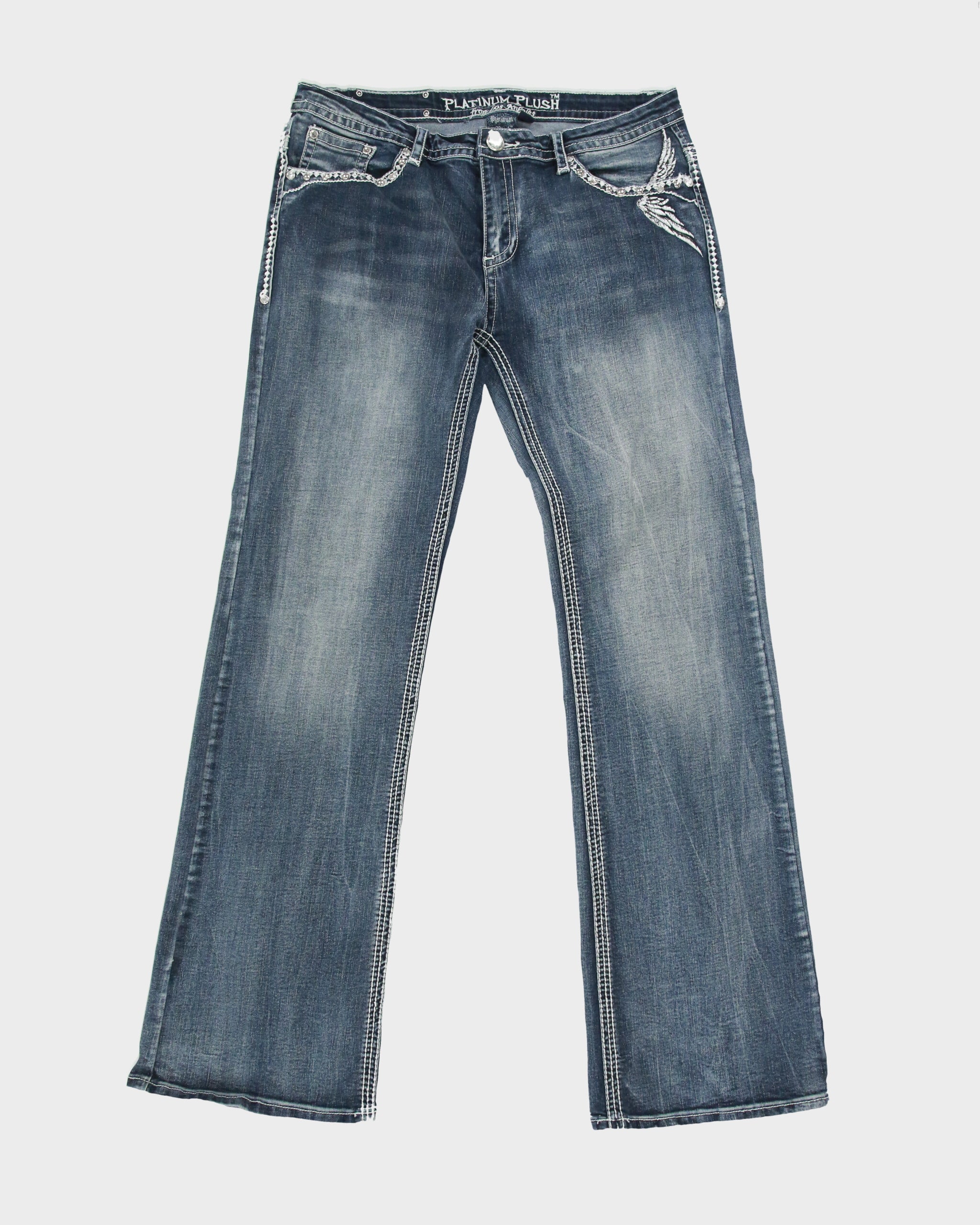 Vintage Y2K 2000s Platinum Plush Embroidered Skull &amp; Wings Rhinestone Relaxed Fit Jeans - W32 L31