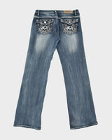 Vintage Y2K 2000s Platinum Plush Embroidered Skull &amp; Wings Rhinestone Relaxed Fit Jeans - W32 L31