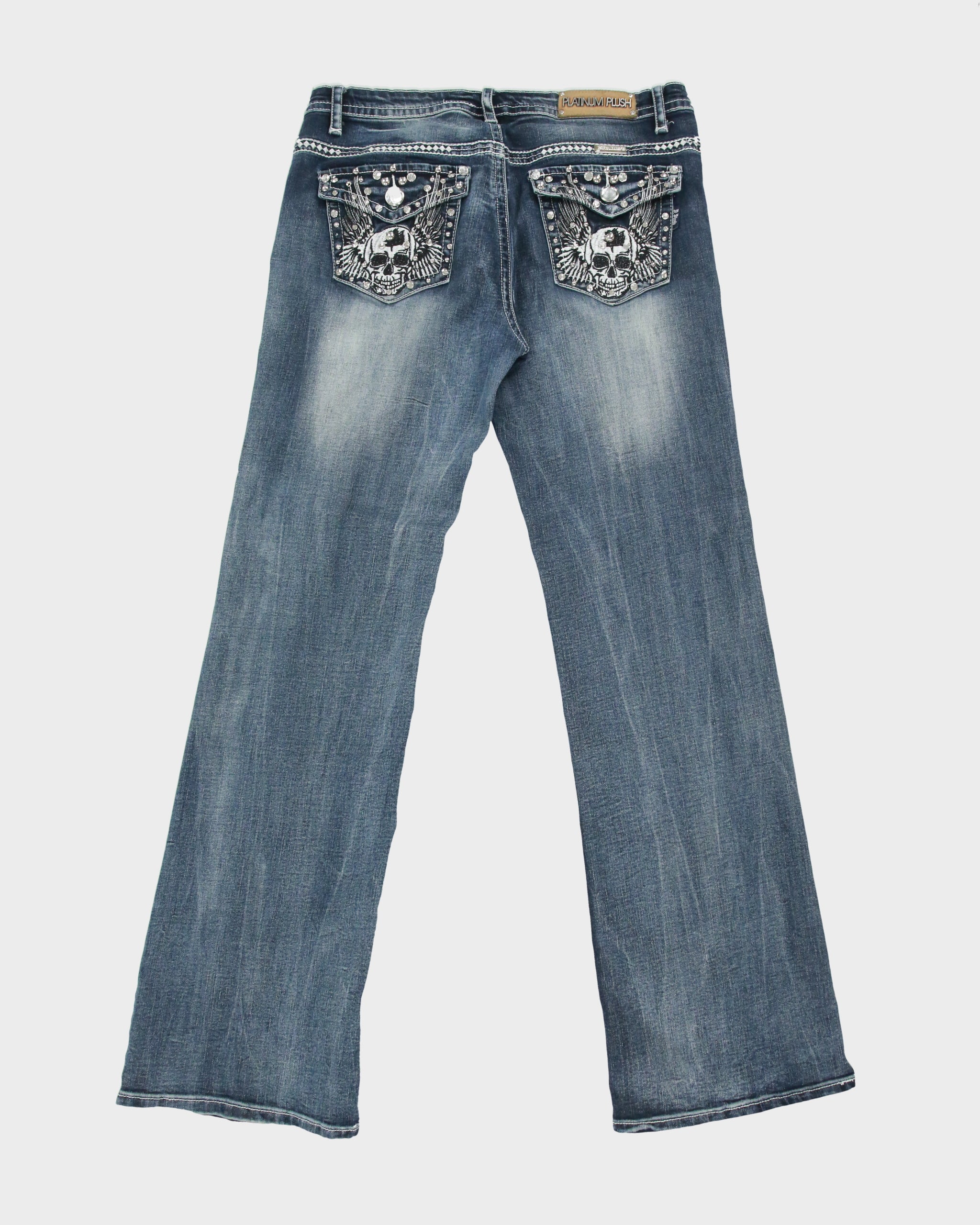 Vintage Y2K 2000s Platinum Plush Embroidered Skull &amp; Wings Rhinestone Relaxed Fit Jeans - W32 L31