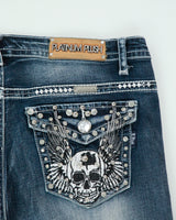 Vintage Y2K 2000s Platinum Plush Embroidered Skull &amp; Wings Rhinestone Relaxed Fit Jeans - W32 L31