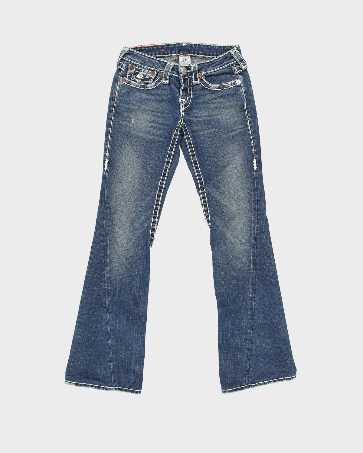 Vintage Y2K 00s True Religion Women's Joey Super T Made In USA Low Rise Contrast Stitch Flap Pocket Bootcut Flared Denim Jeans - W26 L32