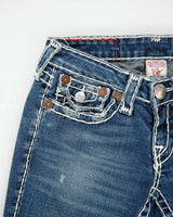 Vintage Y2K 00s True Religion Women's Joey Super T Made In USA Low Rise Contrast Stitch Flap Pocket Bootcut Flared Denim Jeans - W26 L32