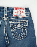 Vintage Y2K 00s True Religion Women's Joey Super T Made In USA Low Rise Contrast Stitch Flap Pocket Bootcut Flared Denim Jeans - W26 L32