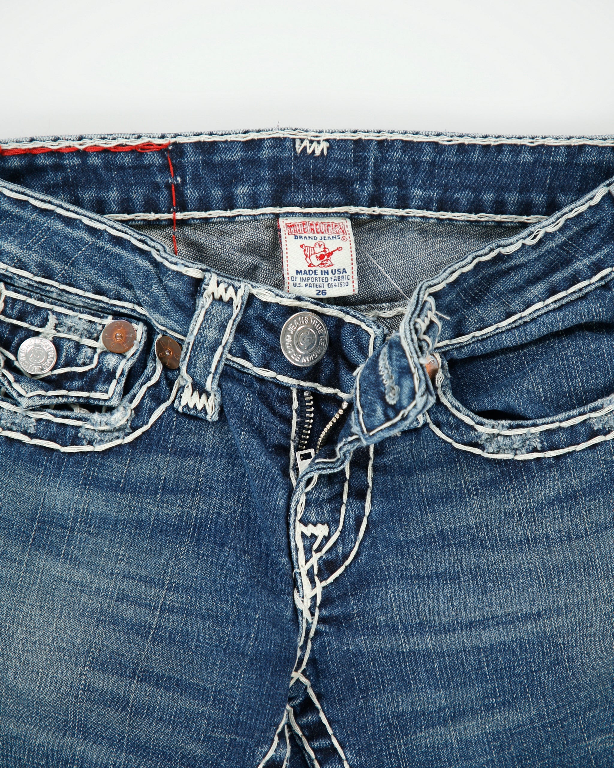 Vintage Y2K 00s True Religion Women's Joey Super T Made In USA Low Rise Contrast Stitch Flap Pocket Bootcut Flared Denim Jeans - W26 L32