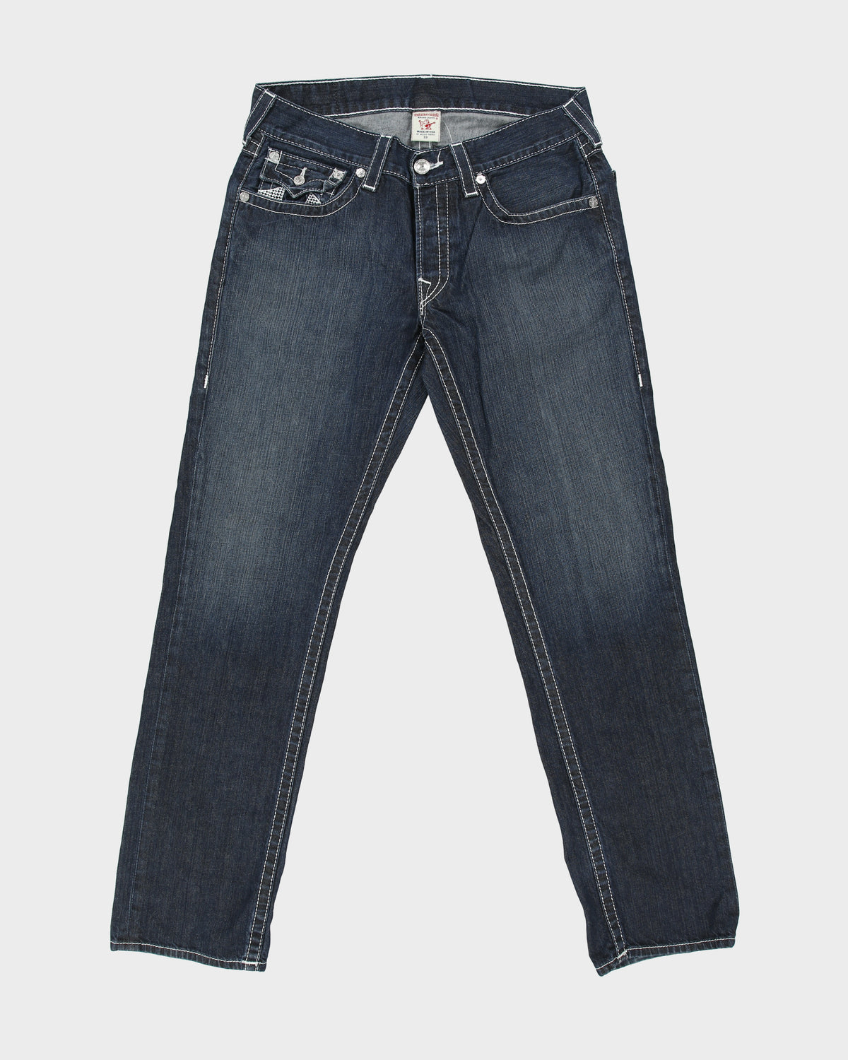 Vintage Y2K 00s True Religion Low Rise Contrast Stitch Raw Denim Made In USA Checker Flap Pocket Slim Fit Jeans - W33 L34