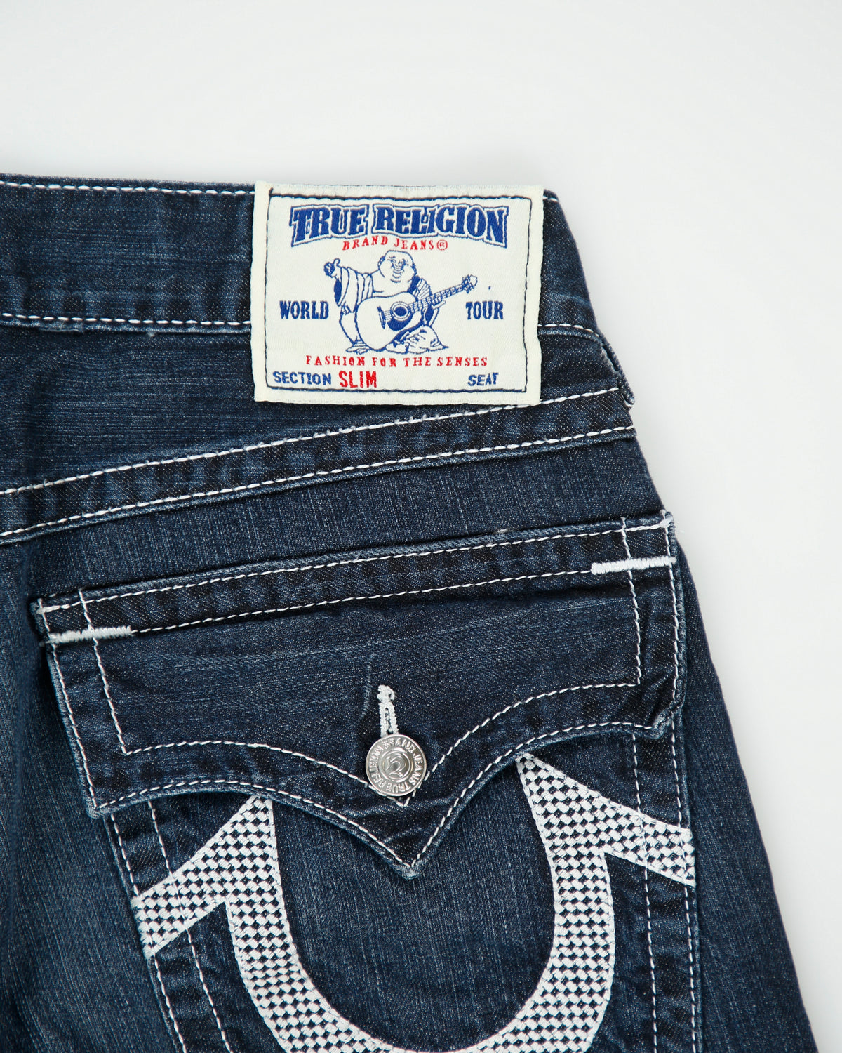 Vintage Y2K 00s True Religion Low Rise Contrast Stitch Raw Denim Made In USA Checker Flap Pocket Slim Fit Jeans - W33 L34