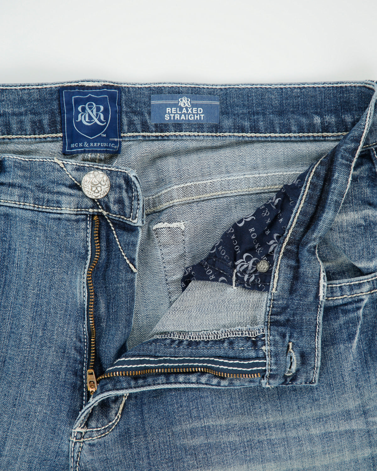Vintage Y2K 00s Rock &amp; Republic Mid Rise Contrast Stitch Stone Wash Denim Relaxed Straight Leg Jeans - W34 L32