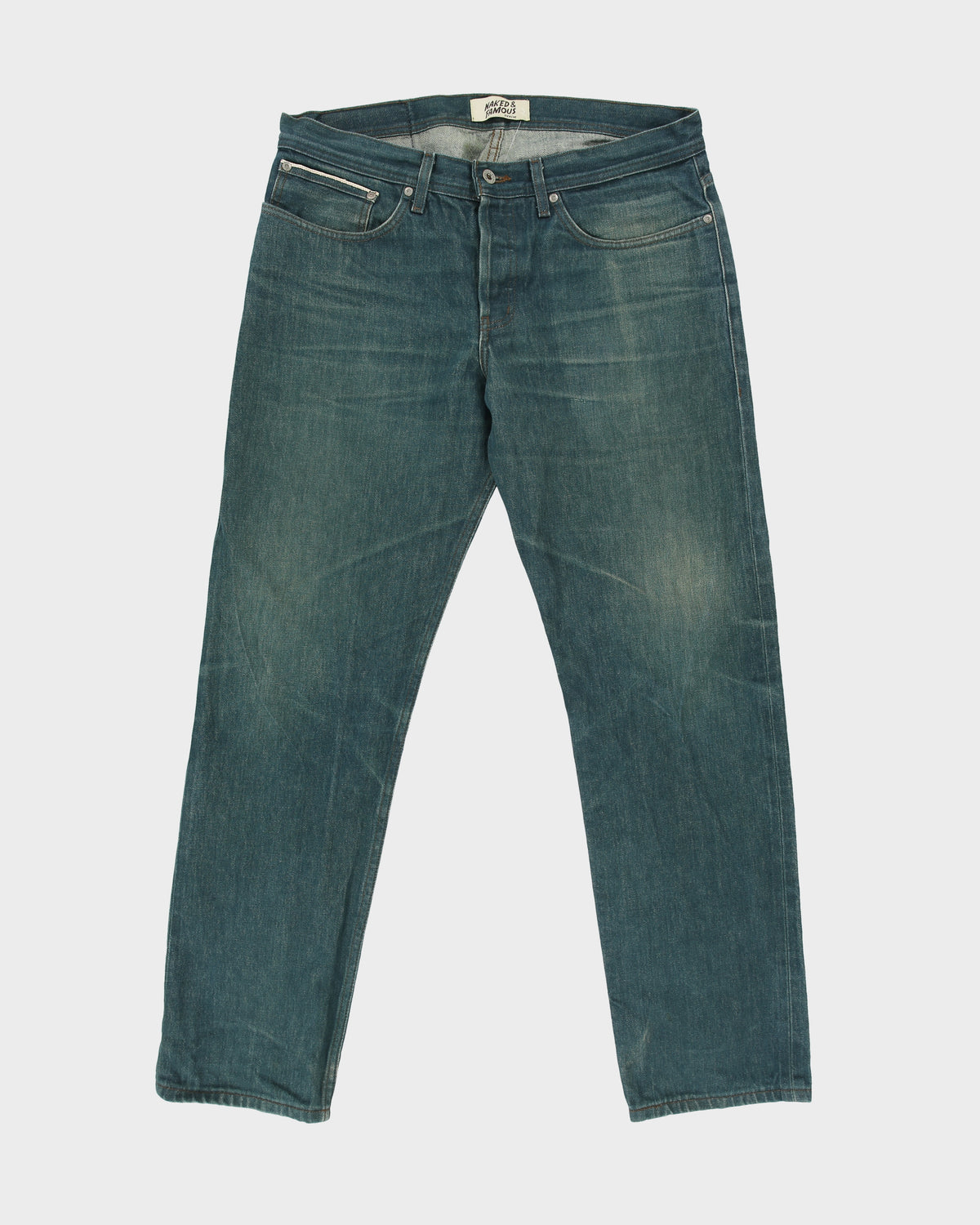 Naked &amp; Famous Weird Guy Mid Rise Faded Mud Wash Japanese Selvedge Denim Made In America Straight Tapered Leg Jeans - W36 L33