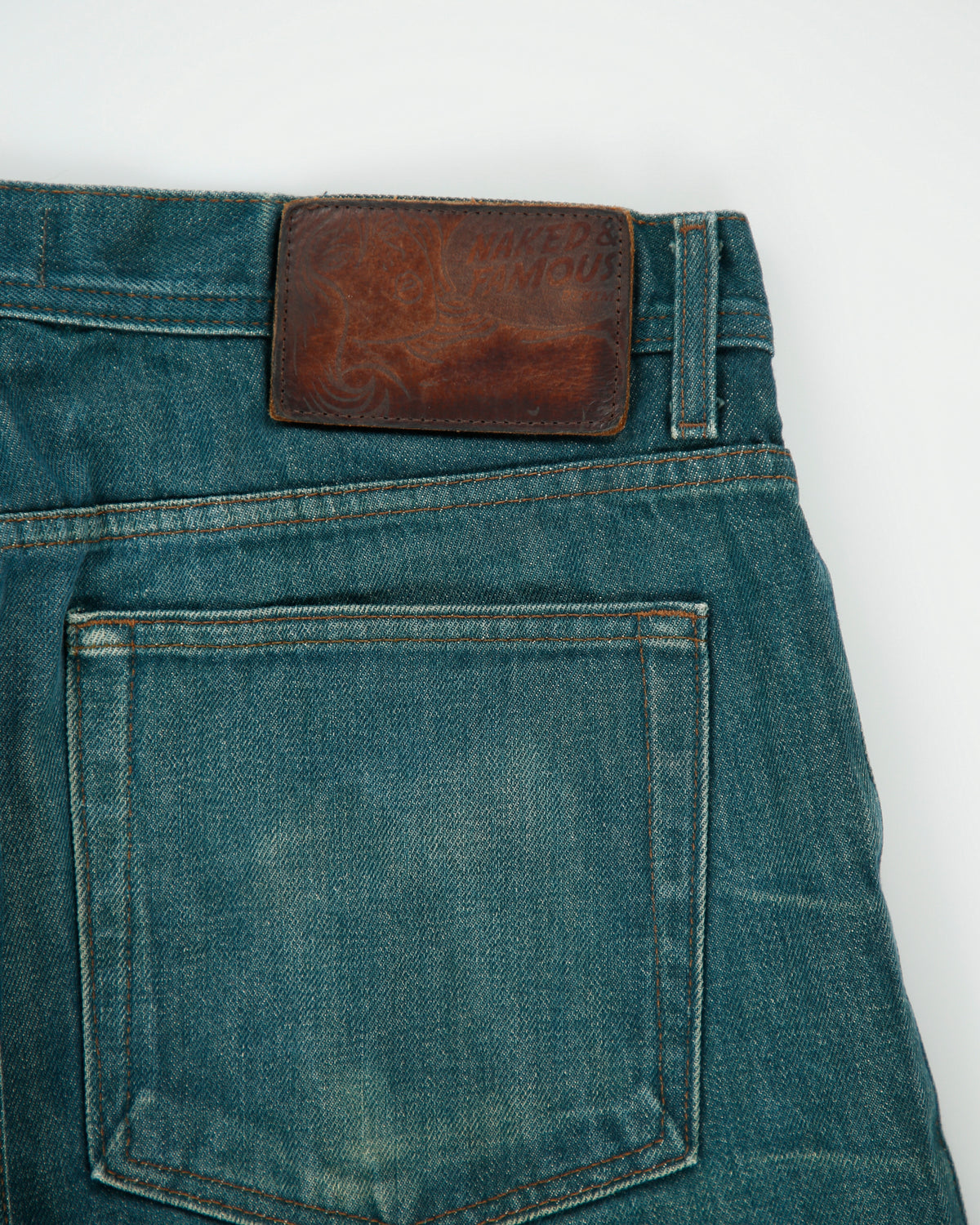 Naked &amp; Famous Weird Guy Mid Rise Faded Mud Wash Japanese Selvedge Denim Made In America Straight Tapered Leg Jeans - W36 L33