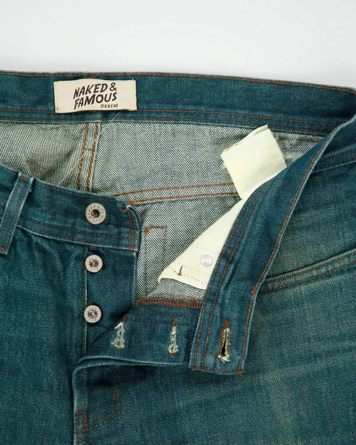 Naked &amp; Famous Weird Guy Mid Rise Faded Mud Wash Japanese Selvedge Denim Made In America Straight Tapered Leg Jeans - W36 L33