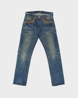 Vintage Evisu Seagull Mid Rise Leather Rope Contrast Stitch Distressed Denim Slim Straight Leg Jeans - W29 L30