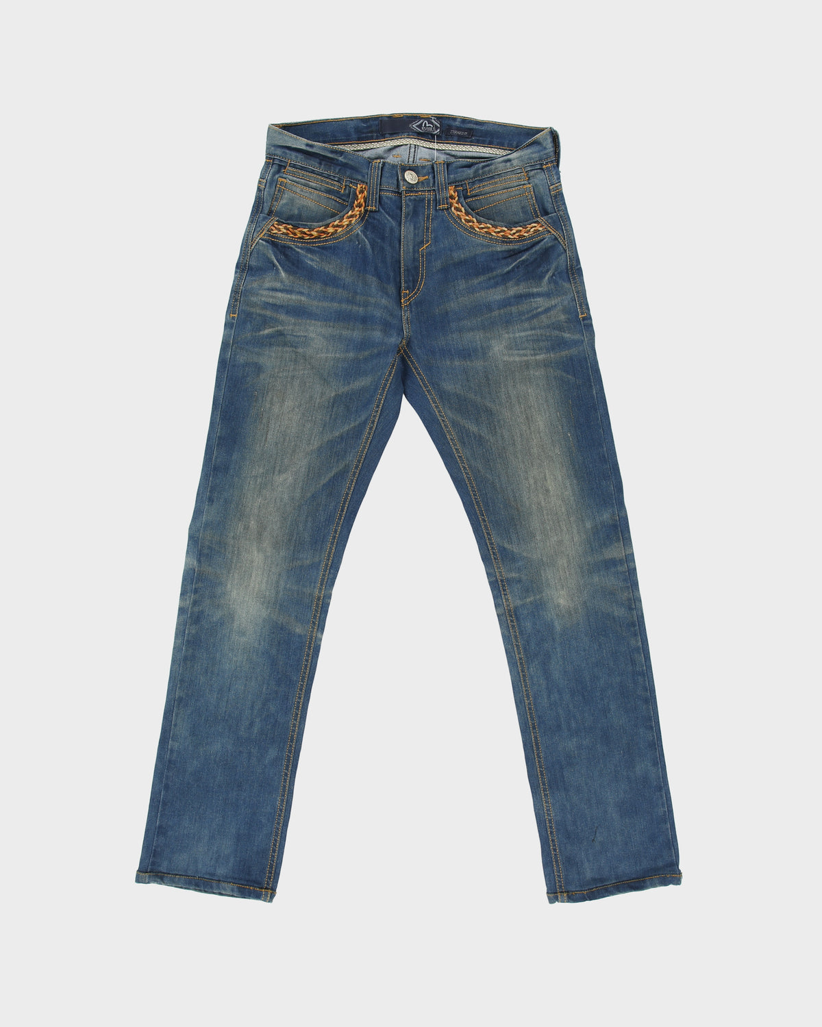 Vintage Evisu Seagull Mid Rise Leather Rope Contrast Stitch Distressed Denim Slim Straight Leg Jeans - W29 L30