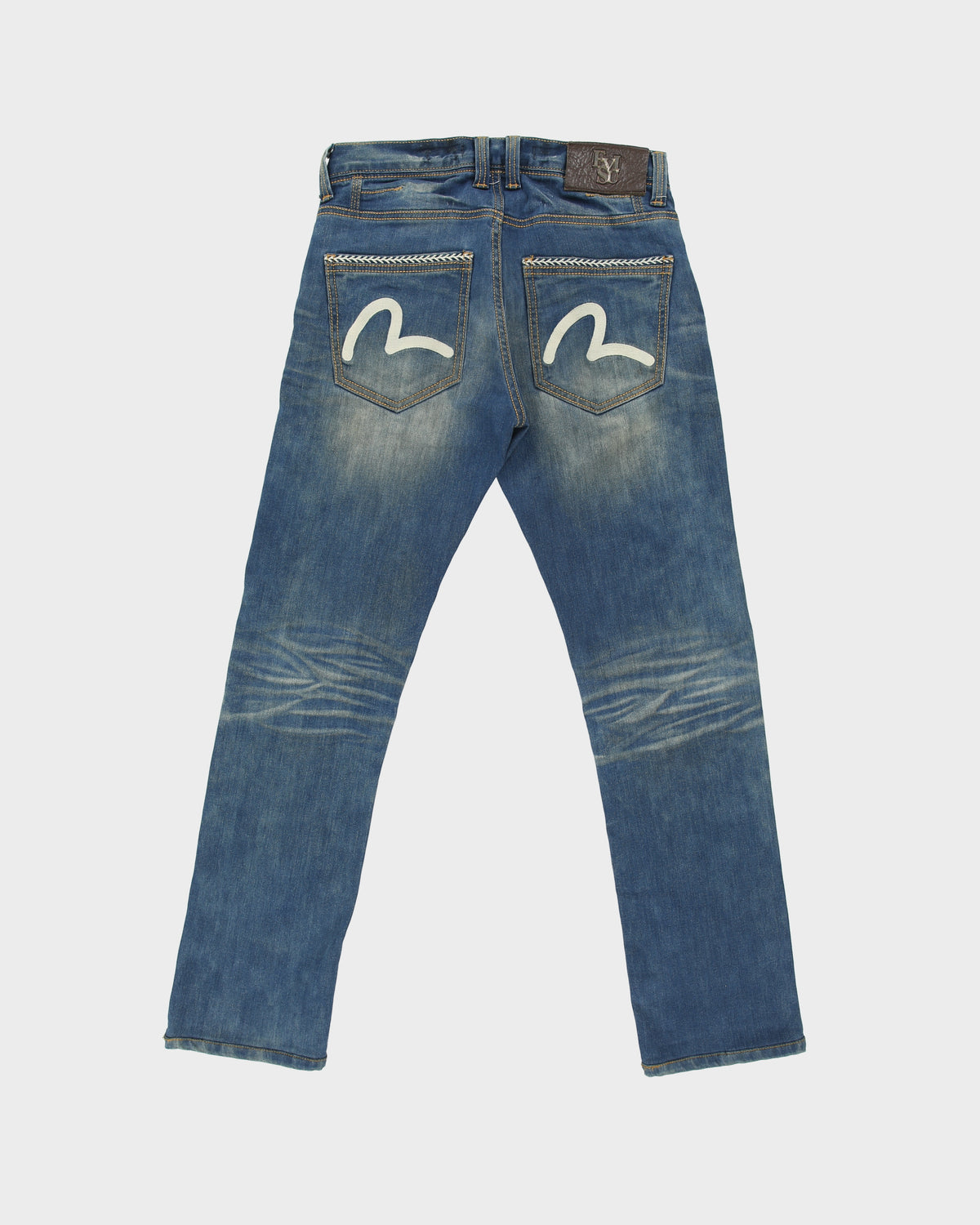Vintage Evisu Seagull Mid Rise Leather Rope Contrast Stitch Distressed Denim Slim Straight Leg Jeans - W29 L30