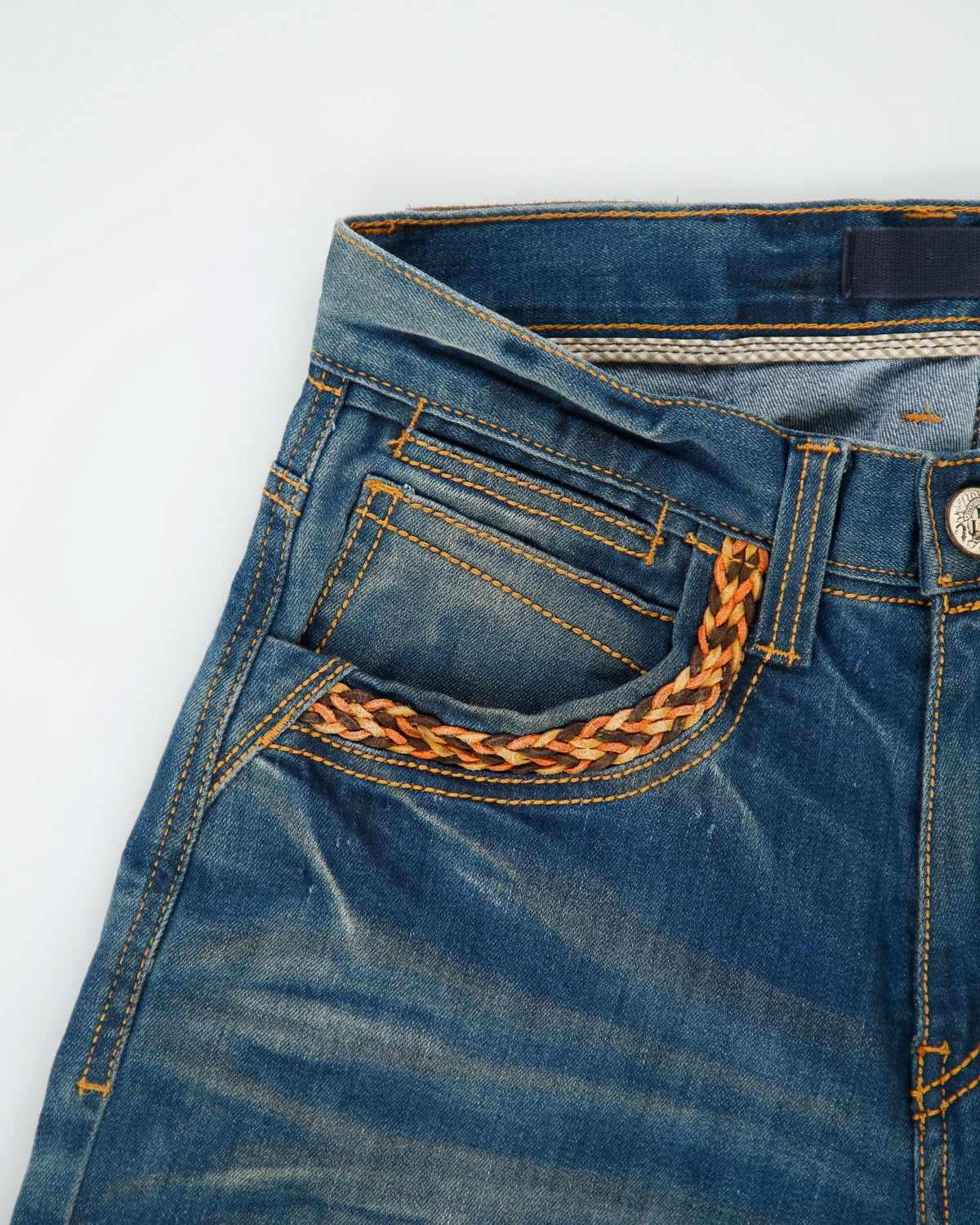 Vintage Evisu Seagull Mid Rise Leather Rope Contrast Stitch Distressed Denim Slim Straight Leg Jeans - W29 L30