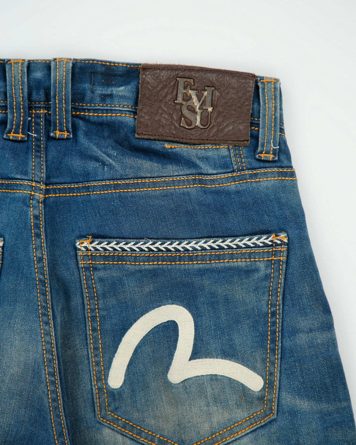 Vintage Evisu Seagull Mid Rise Leather Rope Contrast Stitch Distressed Denim Slim Straight Leg Jeans - W29 L30