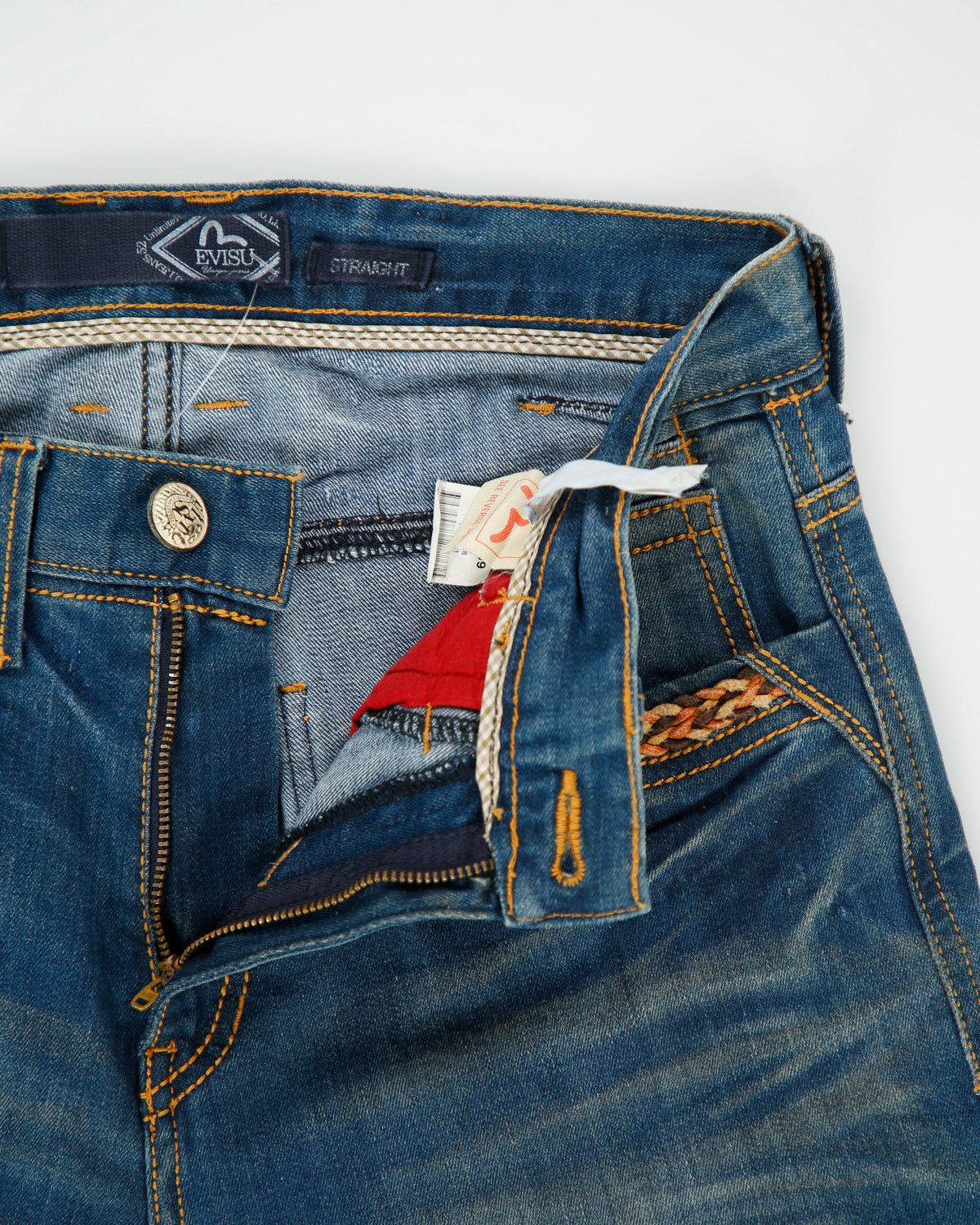 Vintage Evisu Seagull Mid Rise Leather Rope Contrast Stitch Distressed Denim Slim Straight Leg Jeans - W29 L30