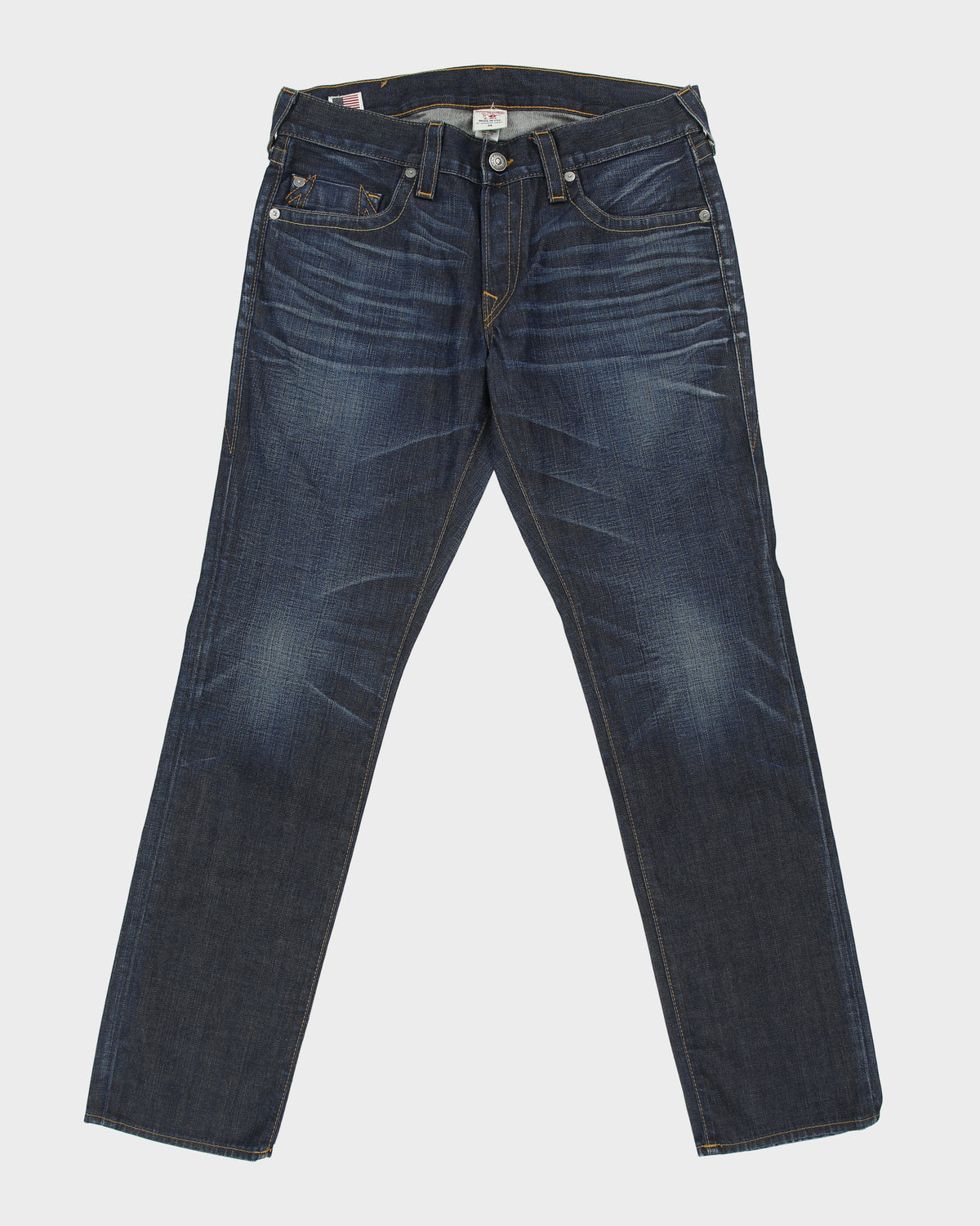 Vintage True Religion Low Rise Indigo Denim Made In USA Pony Hair Patch Pocket Slim Straight Leg Jeans - W34 L34