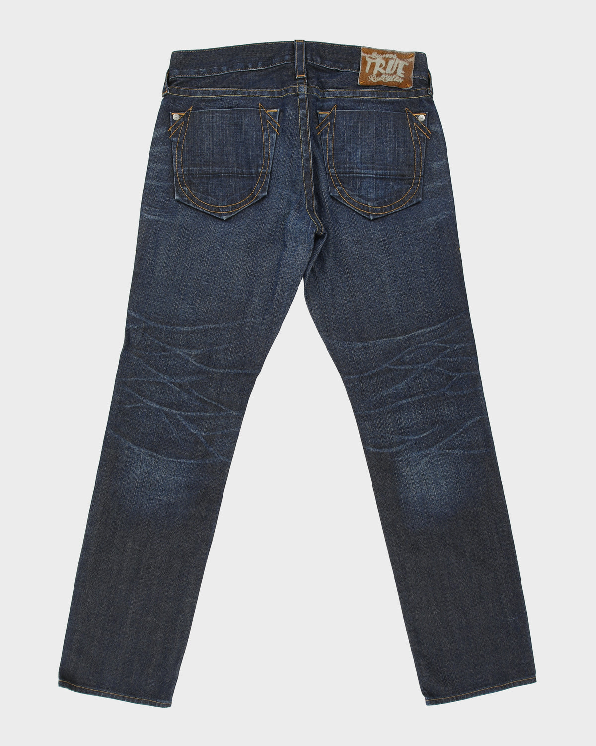 Vintage True Religion Low Rise Indigo Denim Made In USA Pony Hair Patch Pocket Slim Straight Leg Jeans - W34 L34