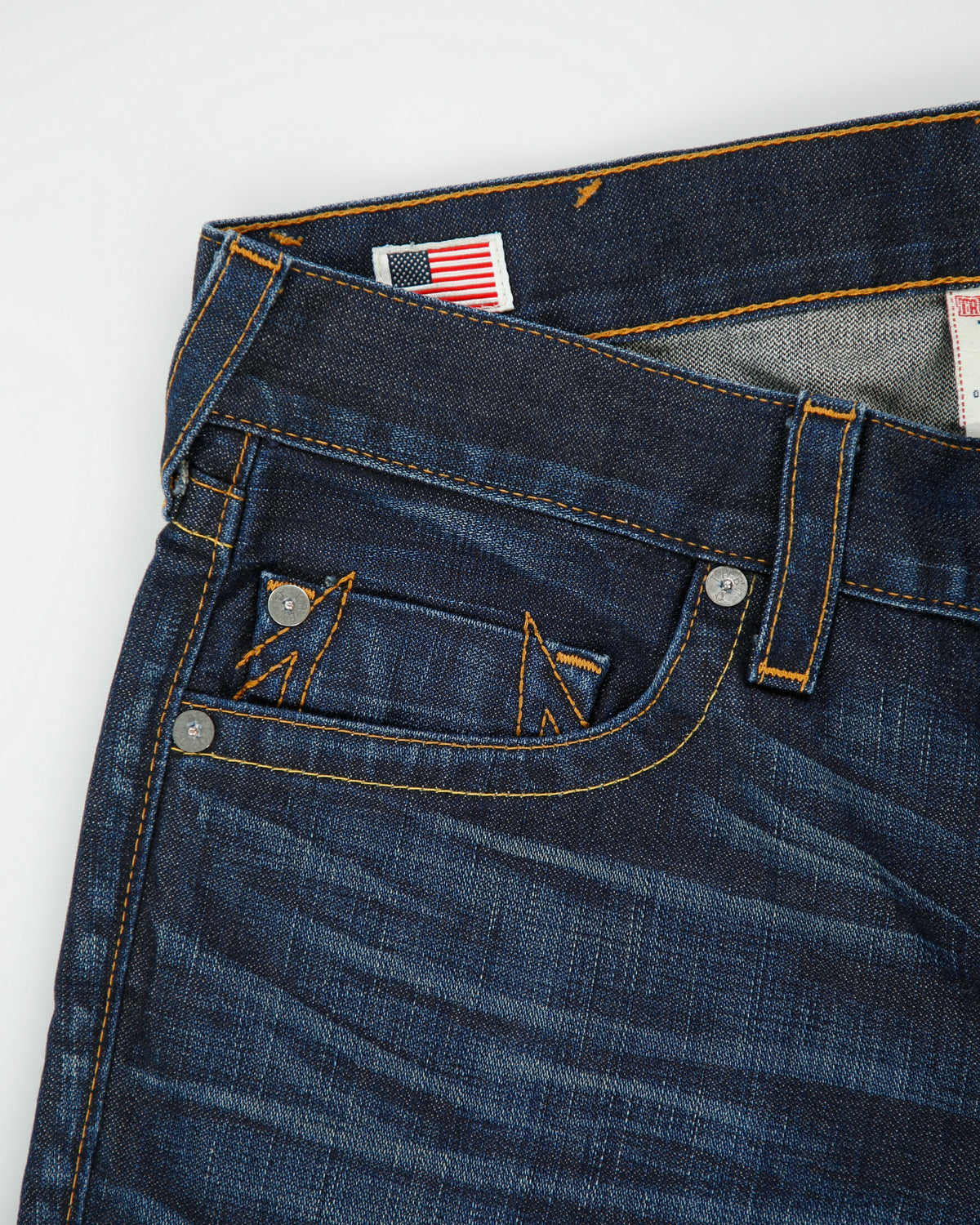 Vintage True Religion Low Rise Indigo Denim Made In USA Pony Hair Patch Pocket Slim Straight Leg Jeans - W34 L34