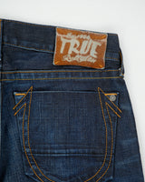 Vintage True Religion Low Rise Indigo Denim Made In USA Pony Hair Patch Pocket Slim Straight Leg Jeans - W34 L34