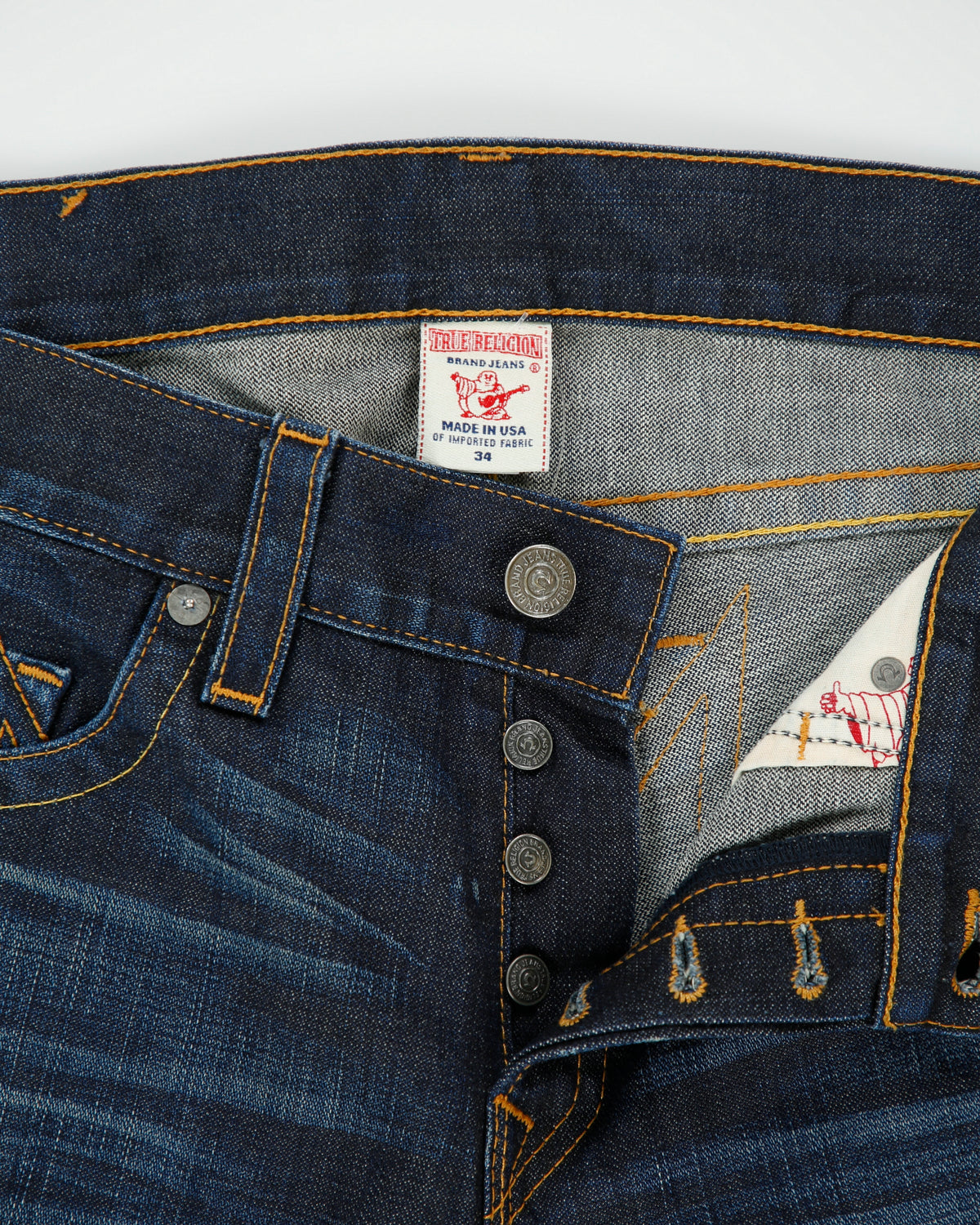 Vintage True Religion Low Rise Indigo Denim Made In USA Pony Hair Patch Pocket Slim Straight Leg Jeans - W34 L34
