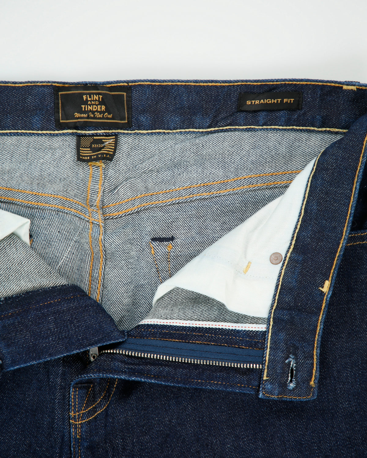 Flint &amp; Tinder Mid Rise Red Selvedge Indigo Denim Made In USA Straight Fit Jeans - W34 L32
