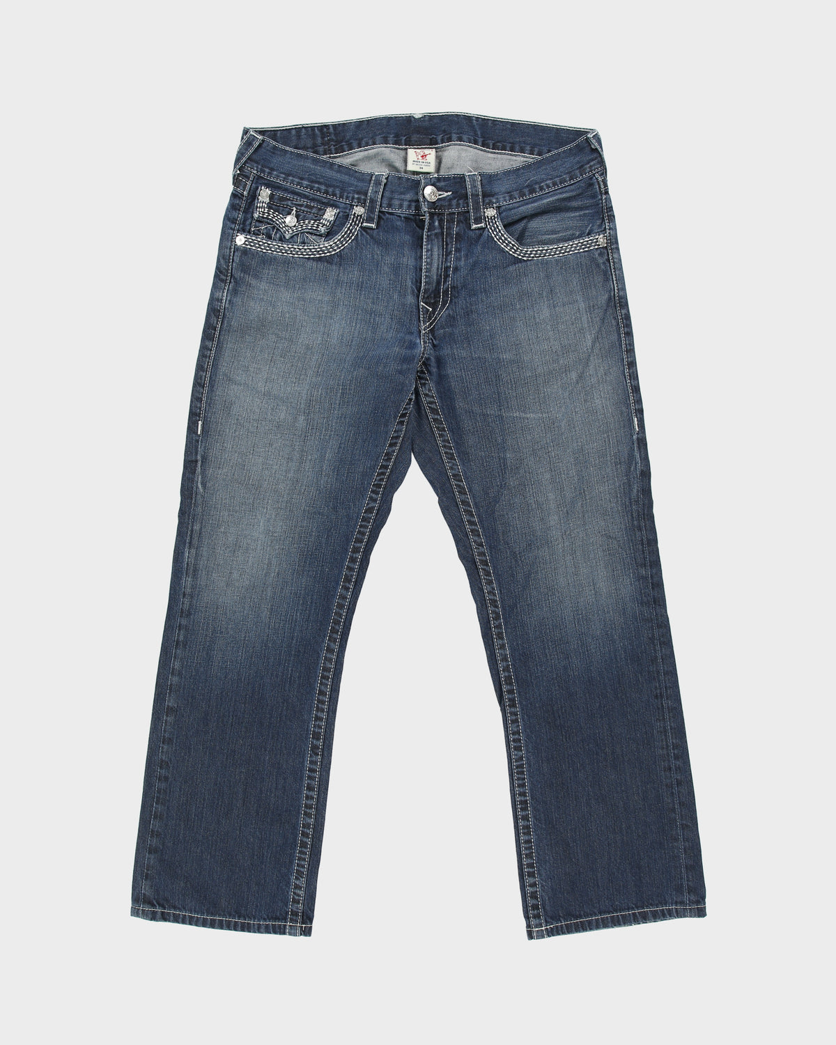Vintage Y2K 00s True Religion Low Rise Contrast Stitch Raw Denim Made In USA Flap Pocket Straight Leg Jeans - W36 L30