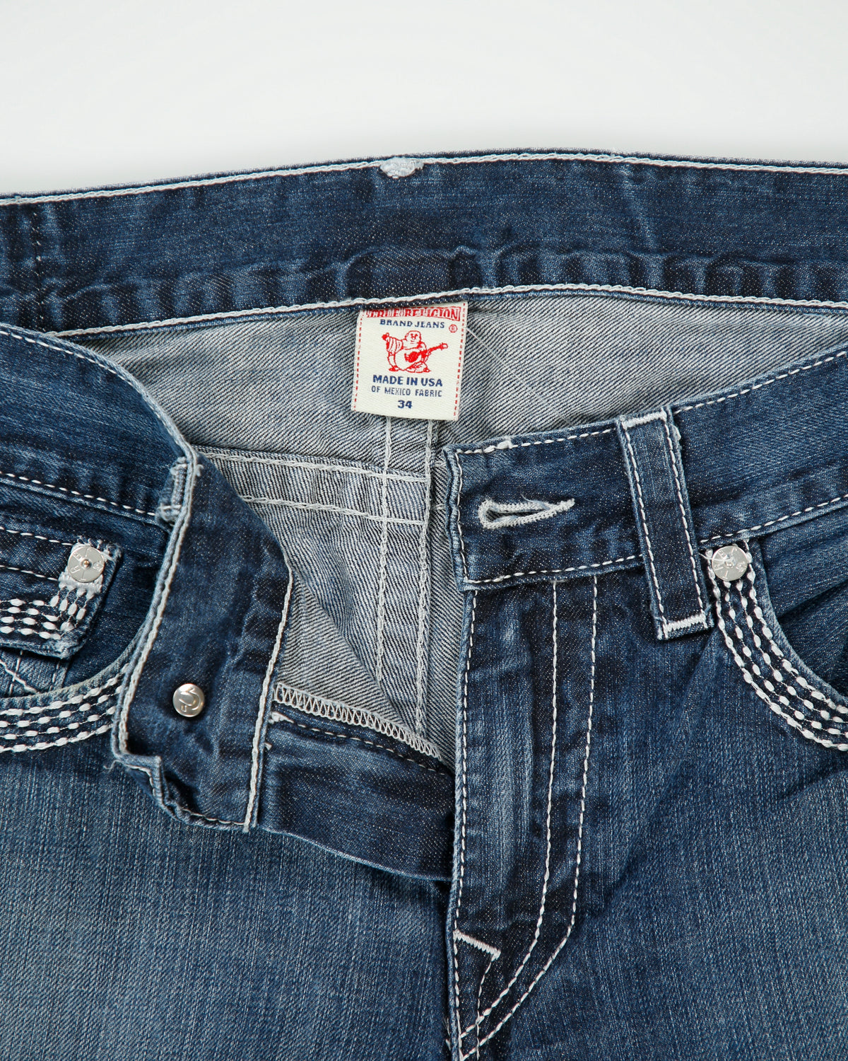 Vintage Y2K 00s True Religion Low Rise Contrast Stitch Raw Denim Made In USA Flap Pocket Straight Leg Jeans - W36 L30