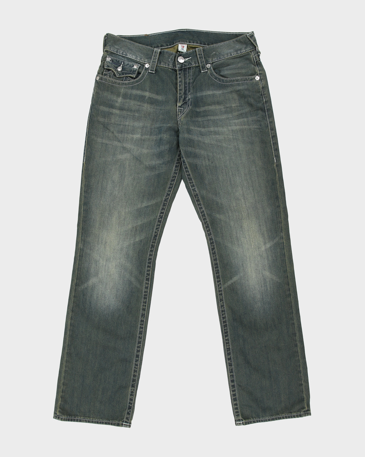 Vintage True Religion Mid Rise Mud Wash Denim Flap Pocket Straight Leg Jeans - W34 L34