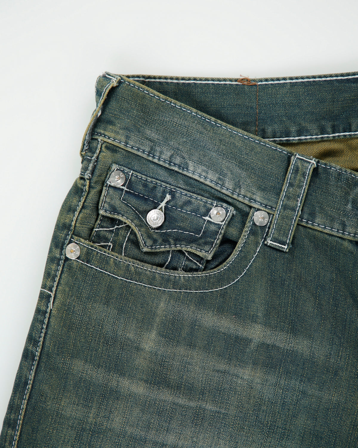 Vintage True Religion Mid Rise Mud Wash Denim Flap Pocket Straight Leg Jeans - W34 L34