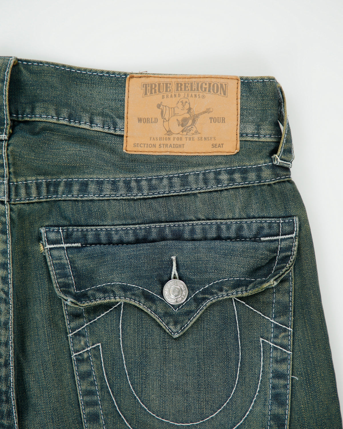Vintage True Religion Mid Rise Mud Wash Denim Flap Pocket Straight Leg Jeans - W34 L34