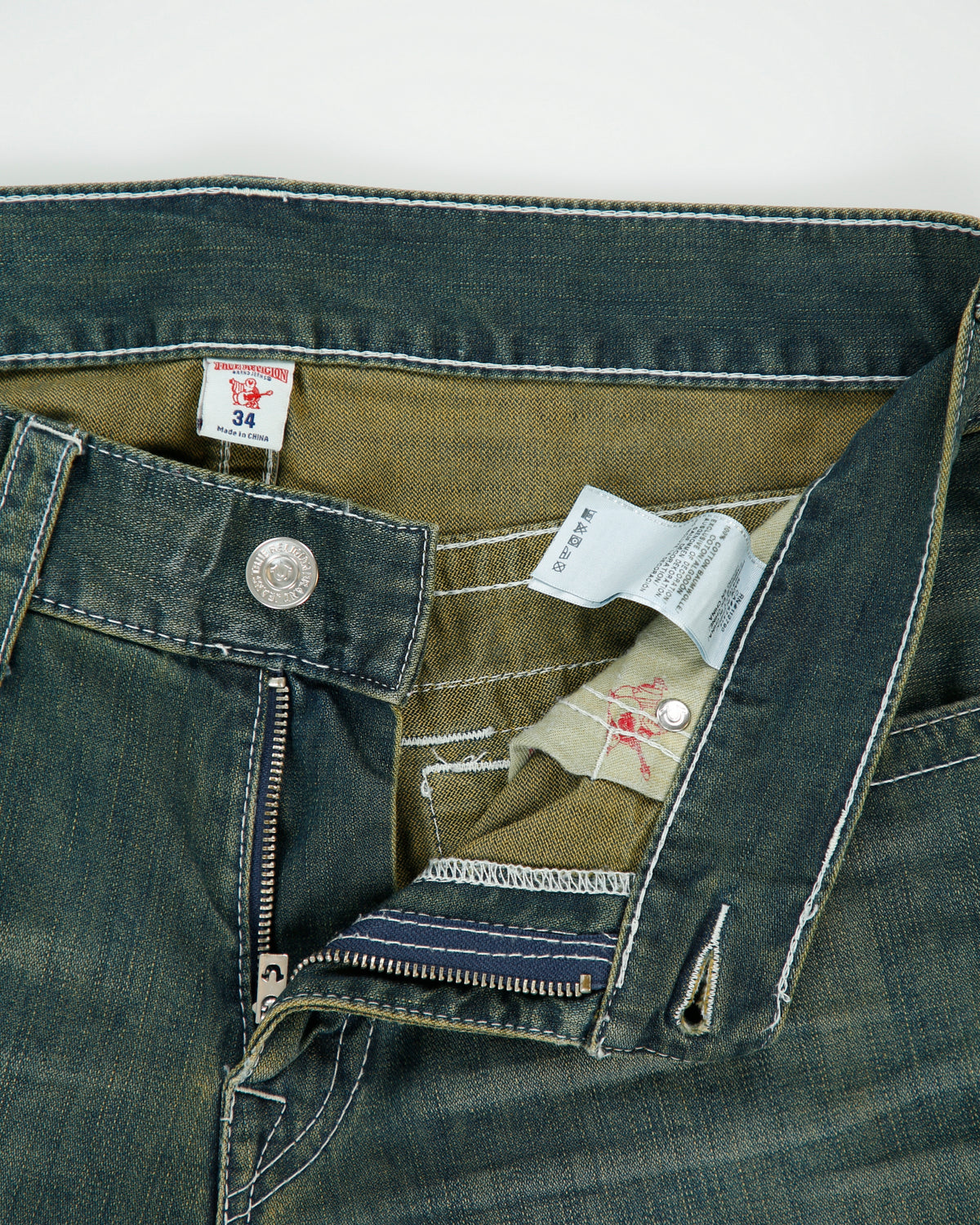 Vintage True Religion Mid Rise Mud Wash Denim Flap Pocket Straight Leg Jeans - W34 L34
