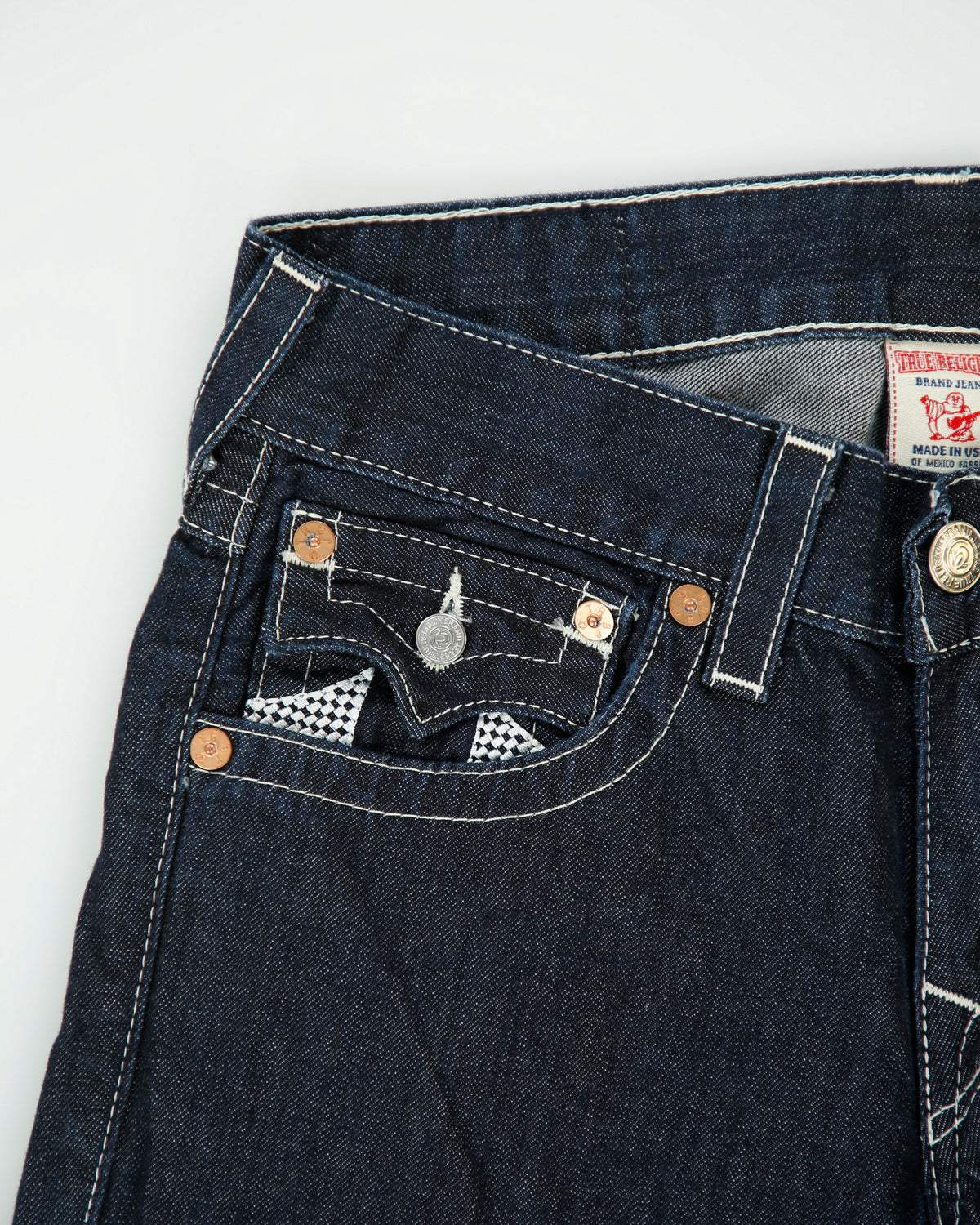 Vintage Y2K 00s True Religion Low Rise Raw Denim Made In USA Checker Flap Pocket Straight Leg Jeans - W31 L33