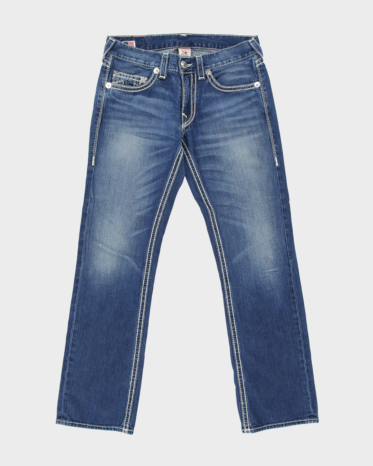 Vintage Y2K 00s True Religion 'Bobby Big QT' Low Rise Contrast Stitch Denim Made In USA Relaxed Straight Leg Jeans - W33 L34