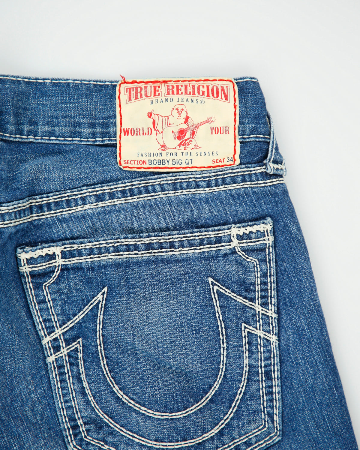 Vintage Y2K 00s True Religion 'Bobby Big QT' Low Rise Contrast Stitch Denim Made In USA Relaxed Straight Leg Jeans - W33 L34