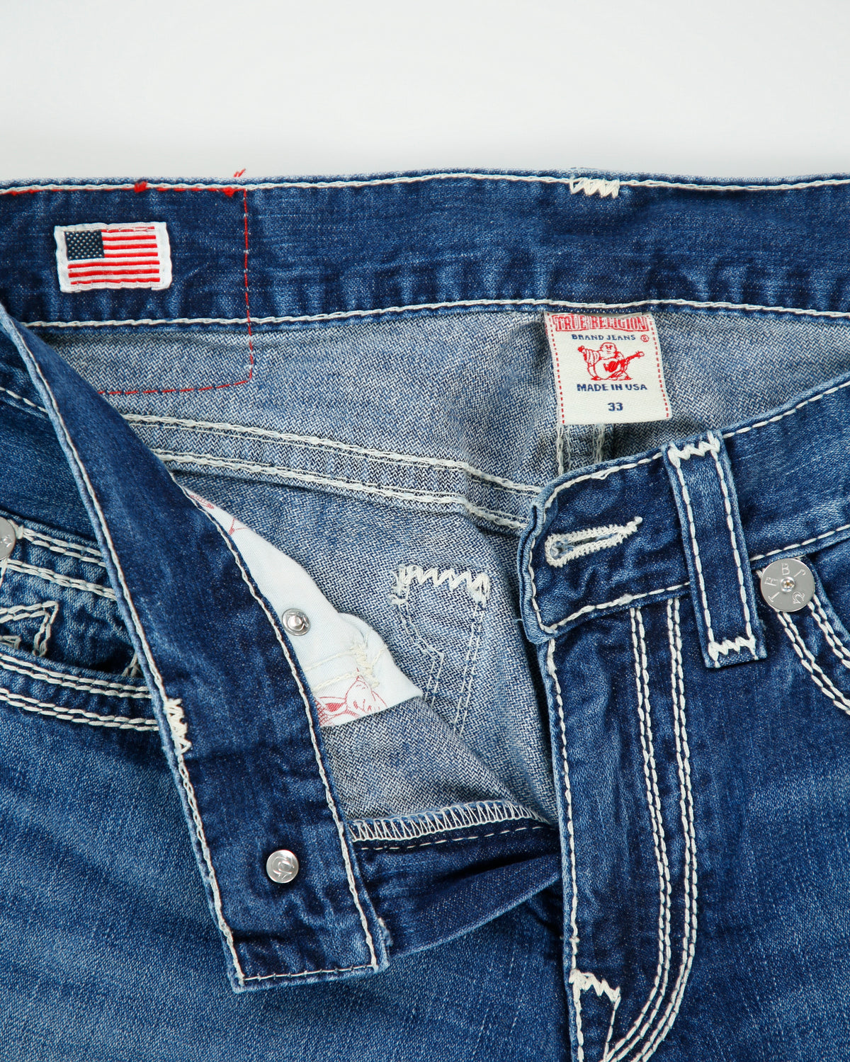 Vintage Y2K 00s True Religion 'Bobby Big QT' Low Rise Contrast Stitch Denim Made In USA Relaxed Straight Leg Jeans - W33 L34