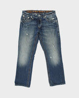 Vintage Y2K Rock Revival 'Ethan' Low Rise Distressed Contrast Stitch Denim Embroidered Flap Pocket Straight Leg Jeans - W34 L30
