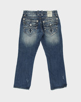 Vintage Y2K Rock Revival 'Ethan' Low Rise Distressed Contrast Stitch Denim Embroidered Flap Pocket Straight Leg Jeans - W34 L30